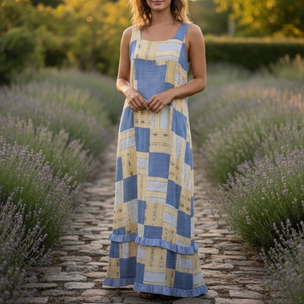 Vintage 80s 90s Cottage Dress Size Small Patchwork Yellow Blue Ruffle Sleeveless